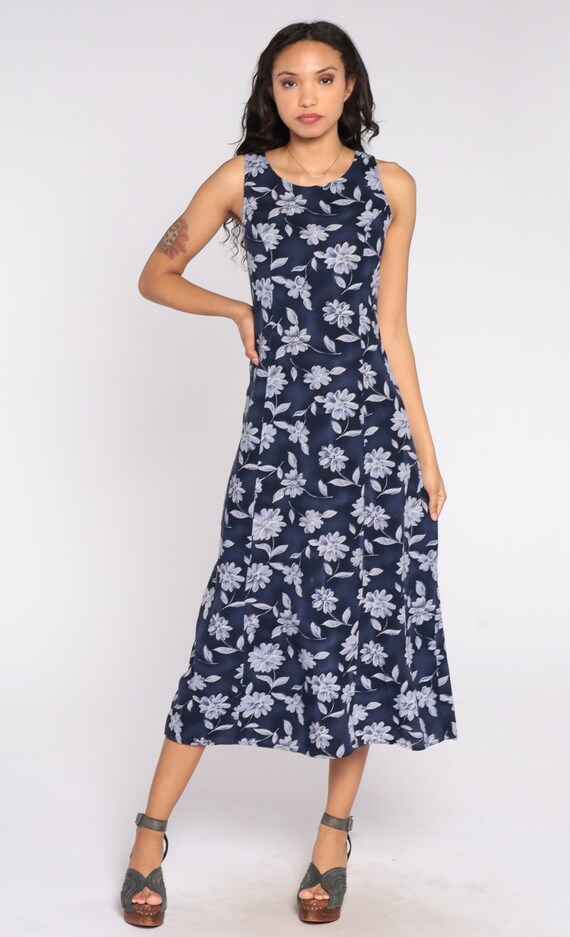 90s Floral Dress Navy Blue Flower Print Midi Dres… - image 2