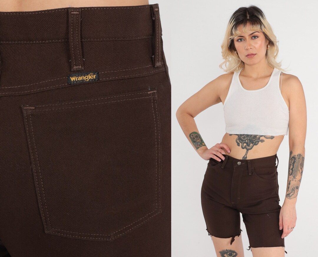 Chocolate Brown Shorts 80s Wrangler Shorts High Rise Cut off Mid Length Cutoffs Retro Bike Punk