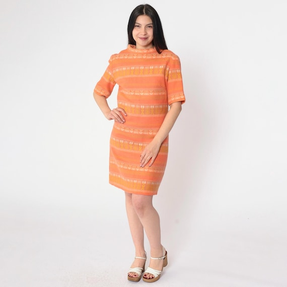 Vintage Mod Mini Dress 60s Woven Orange Geometric Print Gogo Minidress Aztec Shift Short Sleeve 70s Twiggy Go Go High Neck Dress Small S
