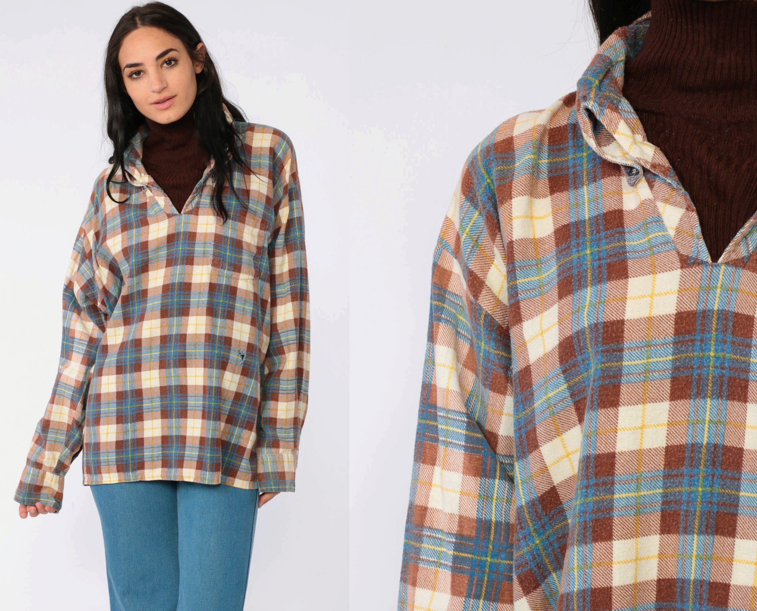 70s Plaid Shirt ATTACHED TURTLENECK 