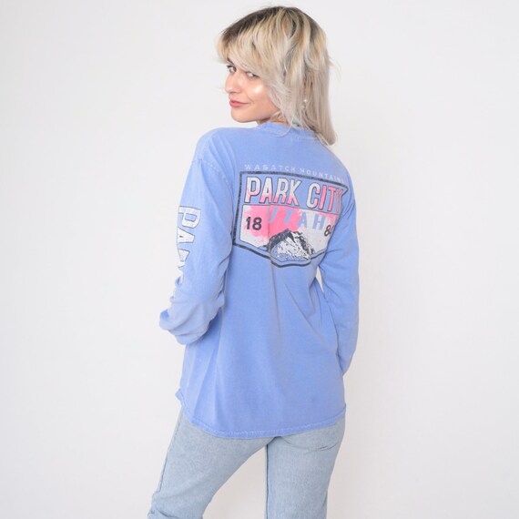 Park City Utah Shirt 90s Wasatch Mountains Ski T-Shirt Lavender Skiing Snow Graphic Tee Long Sleeve Tourist Travel Vintage 1990s Medium