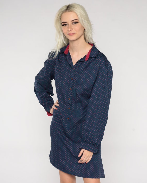 Button Up Mini Dress 80s Shirt Dress Vintage Blue Red Shirtdress 1980s Collared Secretary Belted Long Sleeve High Waist Large L