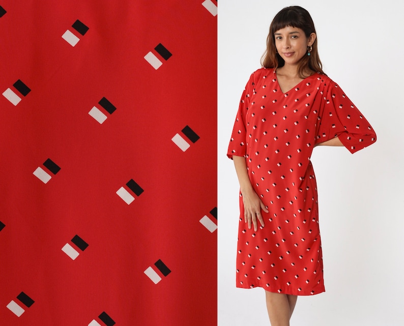 Geometric Midi Dress 80s Dolman Sleeve Dress Red 3/4 Sleeve V Neck Vintage Shift Dress 1980s Black White Confetti Print Large 12 image 1