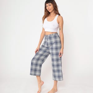 Gingham Pants 70s Blue White Checkered Wide Leg Cropped Jantzen High Waisted Cotton Polyester Vintage 1970s Preppy Golf Tennis Medium