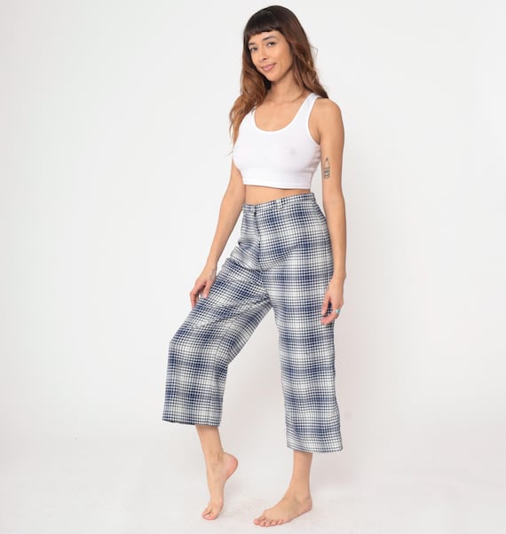 Gingham Pants 70s Blue White Checkered Wide Leg Cropped Jantzen High Waisted Cotton Polyester Vintage 1970s Preppy Golf Tennis Medium