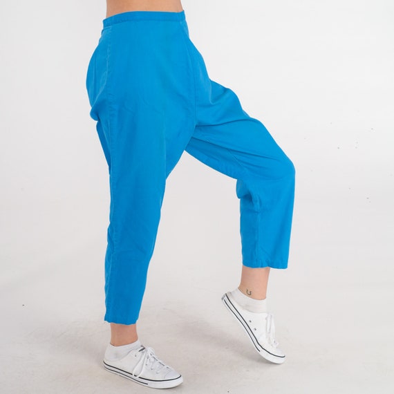 60s Ankle Pants Bright Blue Pinup Pants Straight Leg Trousers Cropped Pants High Waisted Rise Retro Baggy Sixties Vintage 1960s Small S