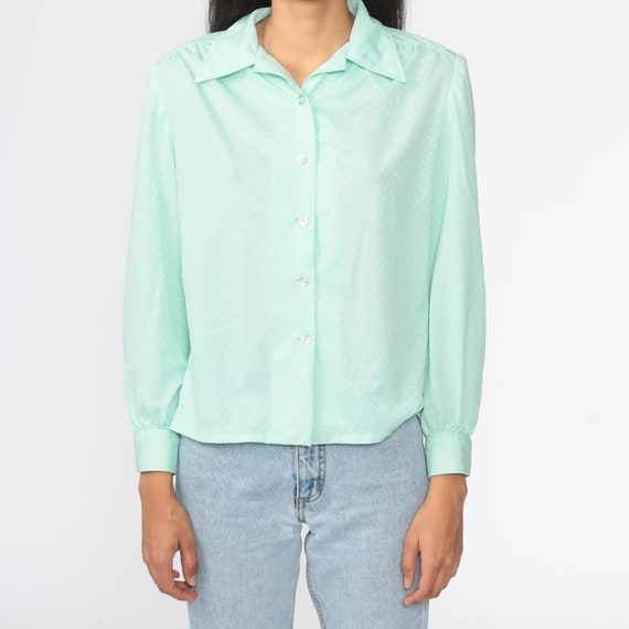 Mint Blue Green Blouse Polka Dot Shirt 70s Dagger… - image 5