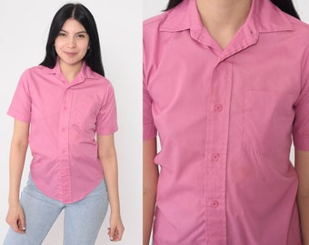 Pink Button Up Shirt 70s Collared Shirt Retro Preppy Collared Short Sleeve Plain Basic Seventies Chest Pocket Vintage 1970s Extra Small 2xs