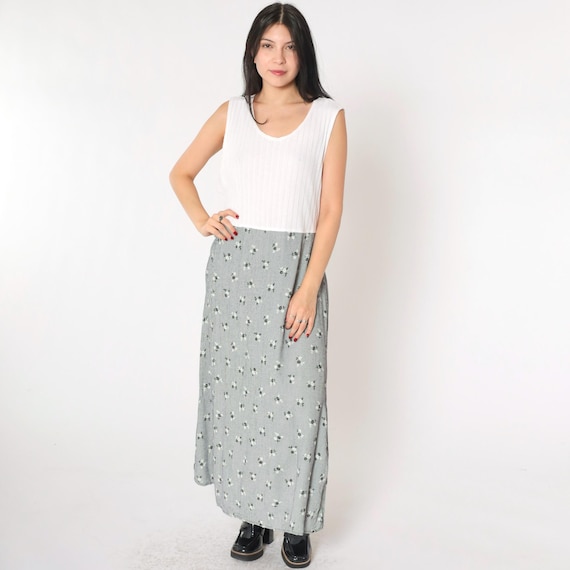 Vintage Floral Maxi Dress 90s Houndstooth Checkered Sundress High Waist Sleeveless Sun Day Dress Retro Black White 1990s xxl Plus Size 22/24