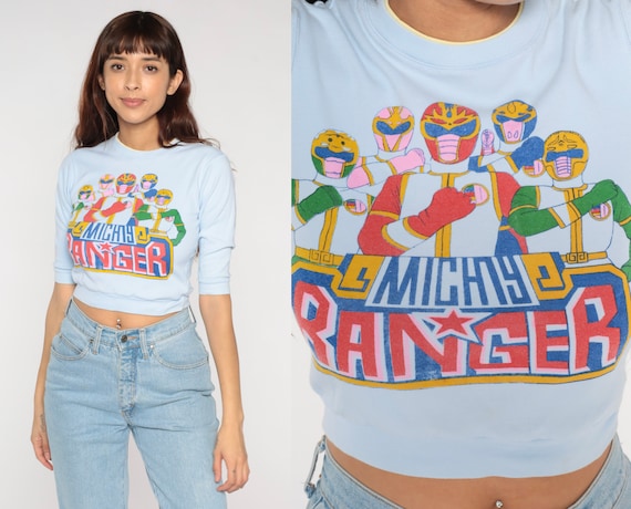 Mighty Ranger Shirt 90s Baby Blue Crop Top Retro Graphic Tee Cartoon T Shirt Hipster Baby Tee Short Sleeve Nostalgia Vintage 1990s 2xs xxs