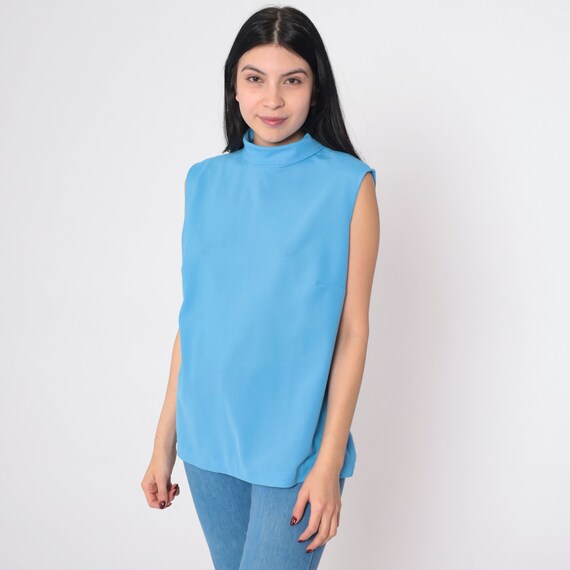 Blue Tank Top 70s Mock Neck Top Sleeveless Shirt Retro Basic Plain Mod Blouse Mockneck Simple Minimalist Chic Longline Vintage 1970s Large L