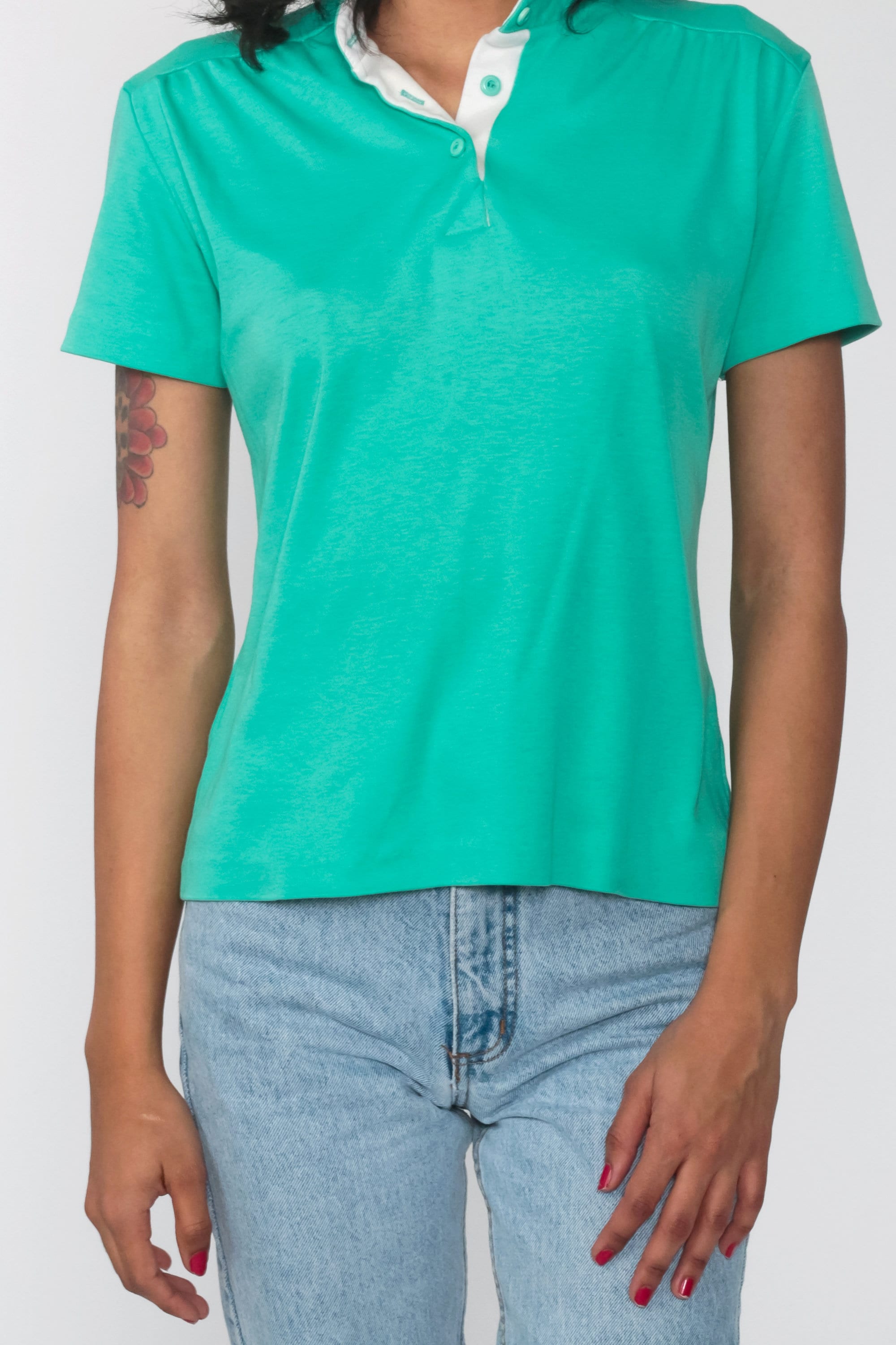Turquoise Green Polo Shirt 80s Shirt Half Button Up Shirt Retro Collared 1980s Nerd Geek Vintage 