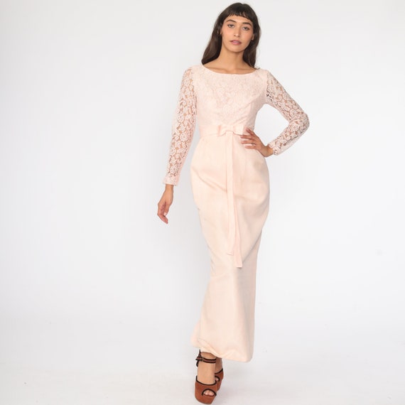 50s Lace Dress Baby Pink Cocktail Dress Maxi Party Pencil BOW Prom 1950s Wiggle Hourglass Vintage Formal Sheath Mad Men Extra Small xs