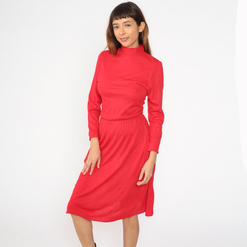Red Acrylic Dress 70s 80s Mock Neck Midi Dress Long Sleeve Dress Pocket Low Waist Secretary Long Sleeve 1980s Vintage Plain Medium Large image 3
