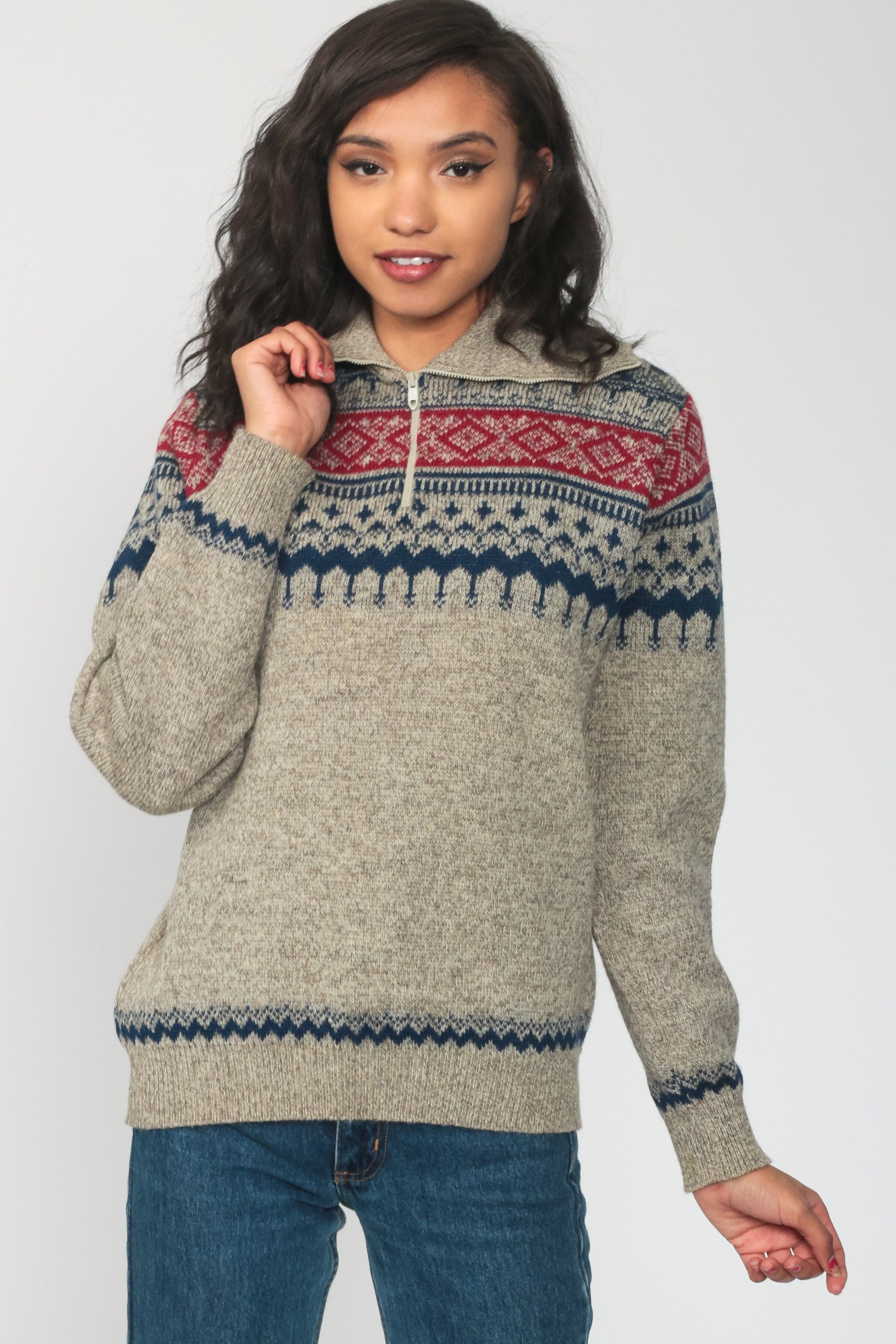 Fair Isle Wool Sweater 80s Taupe Sweater Quarter Zip Knit Jumper Nordic ...