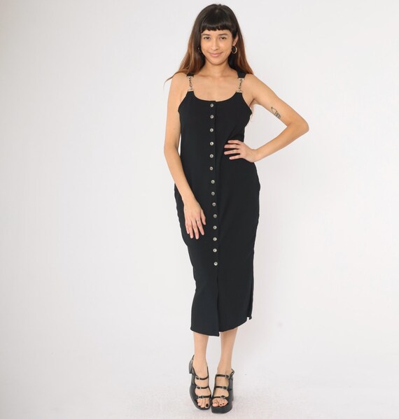 Vintage Black Midi Dress 90s Button Up Overall Jumper Dress Tank Strap Swivel Snap Hook Hardware Minimalist Bodycon 1990s Medium 9