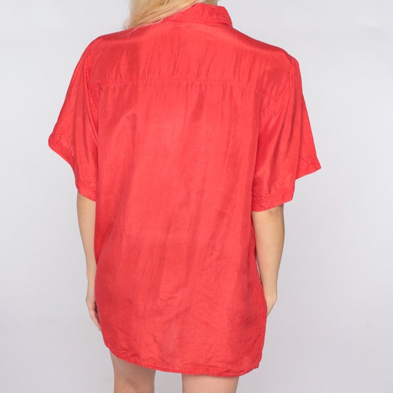 Red Silk Blouse 90s Button Up Shirt Retro Plain S… - image 7