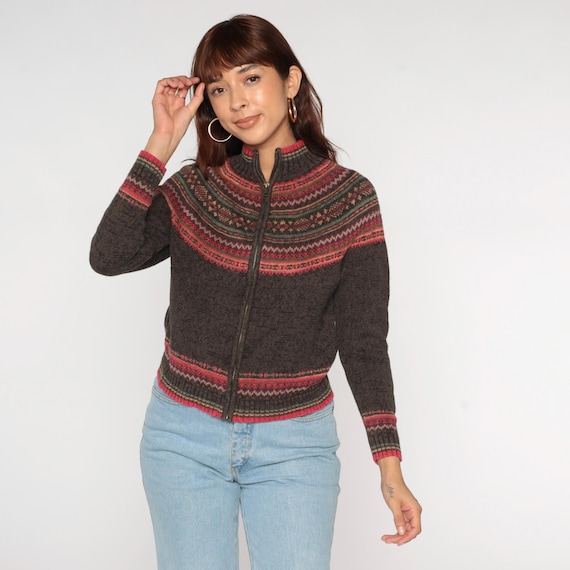 90s Fair Isle Cardigan Brown Icelandic Style Zip Up Sweater Boho Nordic Knit Retro Hippie Bohemian Ramie Cotton Vintage 1990s Petite Medium