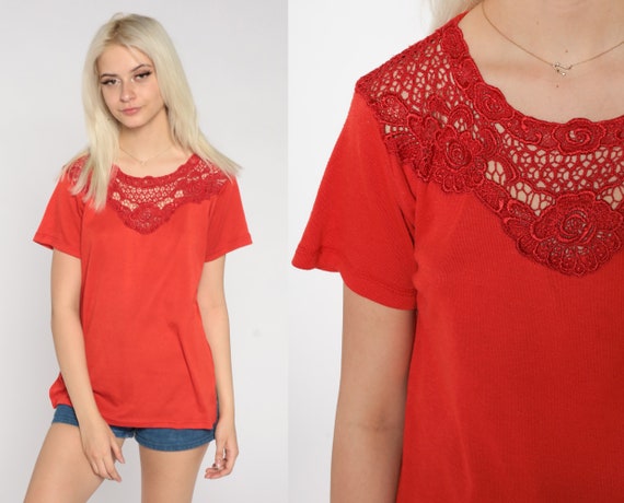 Red Top 90s Crochet Trim Blouse Plain T Shirt Grunge Boho Shirt Bohemian Blouse Hippie Girly Retro Tee Short Sleeve Vintage 1990s Medium M