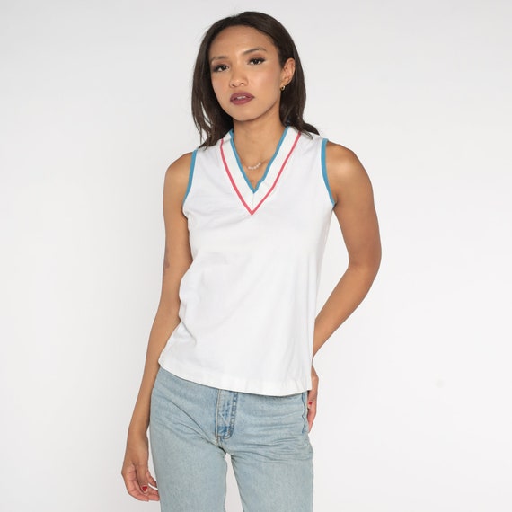 White Tank Top 80s Sleeveless T-Shirt Red Blue Striped Ringer Tee V Neck Retro Basic Plain Sporty Summer Shirt Casual Vintage 1980s Small S