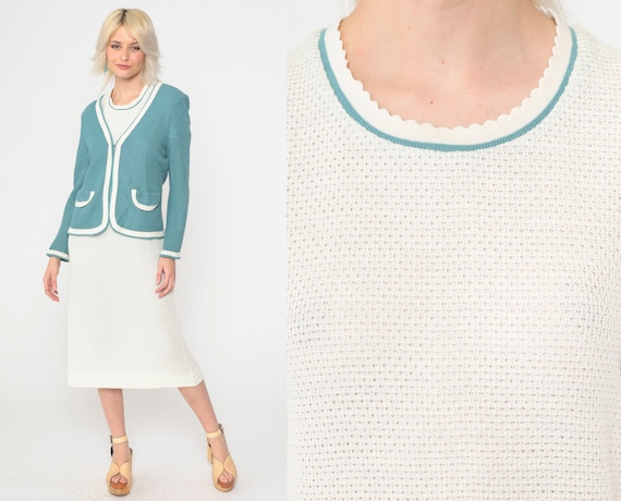 60s 70s Sweater Dress & Matching Cardigan White Openwork Knit Dress Two Piece Boho Vintage Short Sleeve Shift Dress Mod Midi Bohemian Small