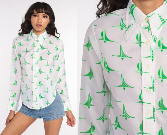 Geometric Shirt 70s Disco Top Bohemian Shirt Op Art 1970s Hippie White Green Psychedelic Long Sleeve Button Up Boho Retro Small