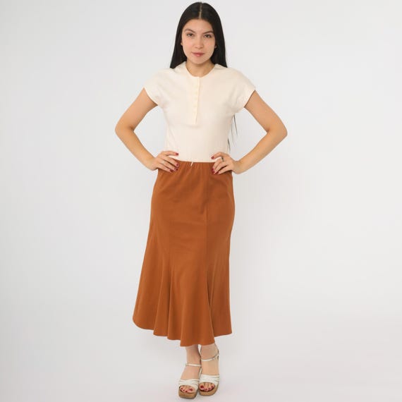 Vintage 80s Knit Midi Dress Cream Burnt Orange 80s Short Cap Sleeve Shirtdress Button Up High Waisted 1980s Plain Boho Extra Small xs