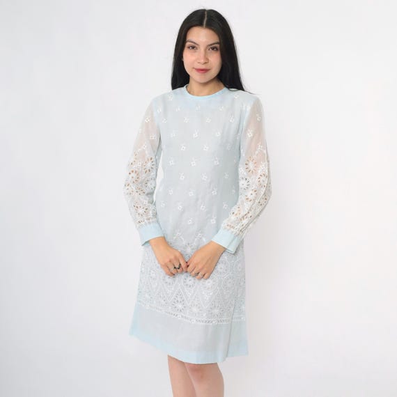 Vintage Embroidered Lace Dress 60s Mod Mini Dress Pastel Blue Party Eyelet Lace Cutout Shift Dress Cocktail Long Sleeve MiniDress Small S