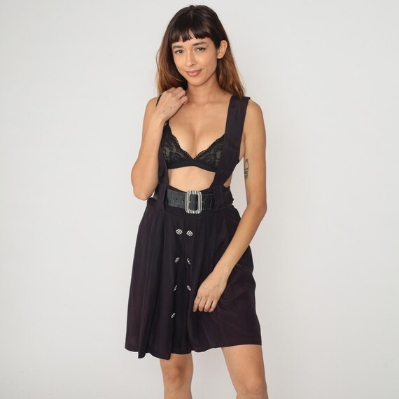 80s Black Romper Belted Knee Length Waist Patent Leather Belt Buckle Geometric Print Vintage Power Dressing Nerdcore Alternative Small S