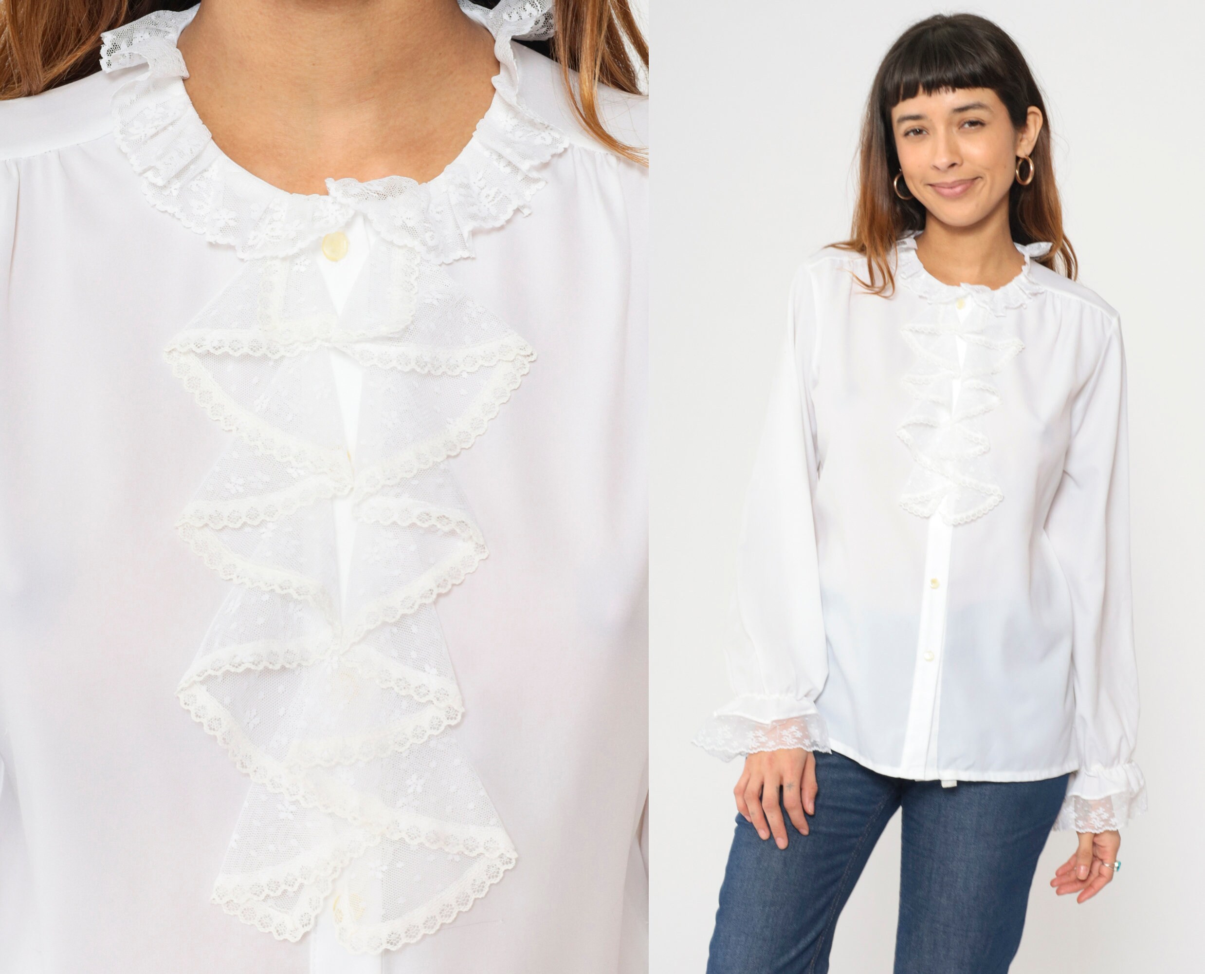 70s White Tuxedo Blouse Lace Jabot Blouse Boho Lace Top 70s White Tuxedo Blouse Lace Jabot Blouse Boho Lace Top
