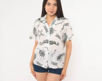 Seashell Print Shirt 90s Nautical Blouse White Black Starfish Seahorse Cotton Camp Collar Short Sleeve Beach Top Vintage Extra Small XS