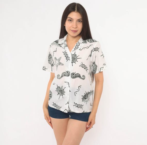 Seashell Print Shirt 90s Nautical Blouse White Black Starfish Seahorse Cotton Camp Collar Short Sleeve Beach Top Vintage Extra Small XS