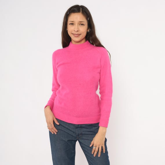Hot Pink Mock Neck Sweater Fuchsia Knit Fitted Magenta Turtleneck Long Sleeve Bubblegum Rose Top Barbiecore Preppy Collegiate Winter Small S