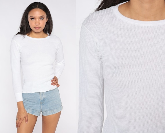 White Thermal Shirt 80s Long Sleeve Undershirt WAFFLE KNIT Shirt 1980s Under Shirt T Shirt Underwear Retro Tee Layer Vintage Small Medium