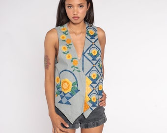Gingham Floral Vest 90s Patchwork Flower Open Front Vest Retro Sleeveless Quilt Hippie Bohemian Quilted Top Blue White Vintage 1990s Small S