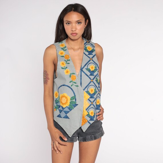 Gingham Floral Vest 90s Patchwork Flower Open Front Vest Retro Sleeveless Quilt Hippie Bohemian Quilted Top Blue White Vintage 1990s Small S