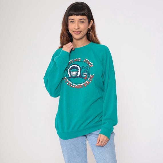 Eskimo Joes Sweatshirt 90s Teal Cartoon Graphic Stillwaters Jumpin Little Juke Joint Bar Restaurantr Long Sleeve Crew Neck Raglan Large L