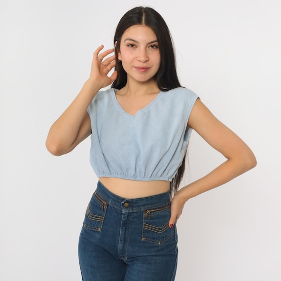 Vintage Blue Cap Sleeve Crop Top 80s Retro Sleeveless Shirt Basic Minimalist Cropped T-Shirt Plain V Neck 1980s Small S