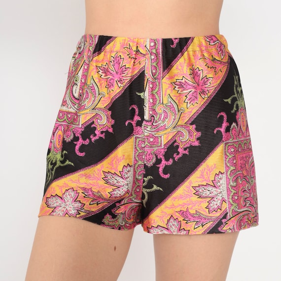 60s Psychedelic Shorts Hippie Leaf Shorts 70s Hotpants Neon Pink Black High Waist Mod Boho Hot Pants Bohemian Bright Vintage Extra Small xs