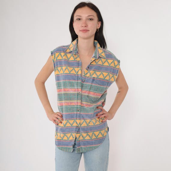 Vintage Southwestern Shirt 90s Sleeveless Geometric Print Button up Tank Top Striped Blouse Yellow Blue Green 1990s Medium