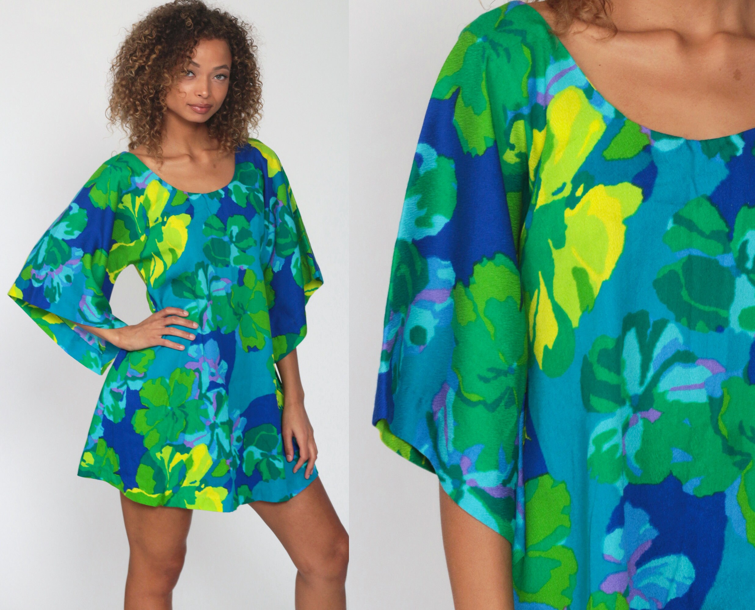 70s Mini Dress Bell Sleeve Hawaiian Dress Blue Floral Shift Mod Hippie Green Boho Tropical Dress 