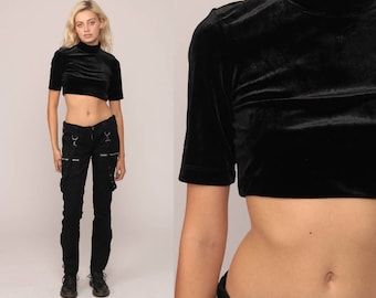 Schwarz samt Shirt Ernte oben BCBG Grunge Goth Kurzarm Top Stehkragen 90er Jahre Hipster gotischen 1990er Jahre abgeschnitten Rollkragen klein