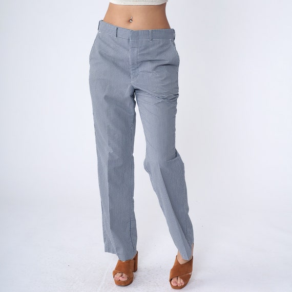 70s Gingham Pants Dark Blue White Checkered Straight Leg Trousers High Waisted Rise Vintage 1970s Retro Preppy Slacks Golf Medium
