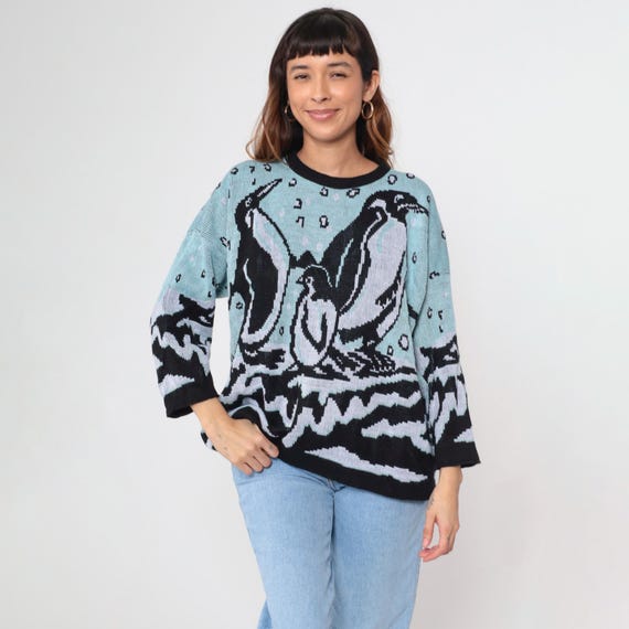 Vintage 80s Penguin Sweater Graphic Animal Sweater Kawaii Black Aqua Blue Sweater Retro Slouch Ski Pullover 1980s Knit Large xl