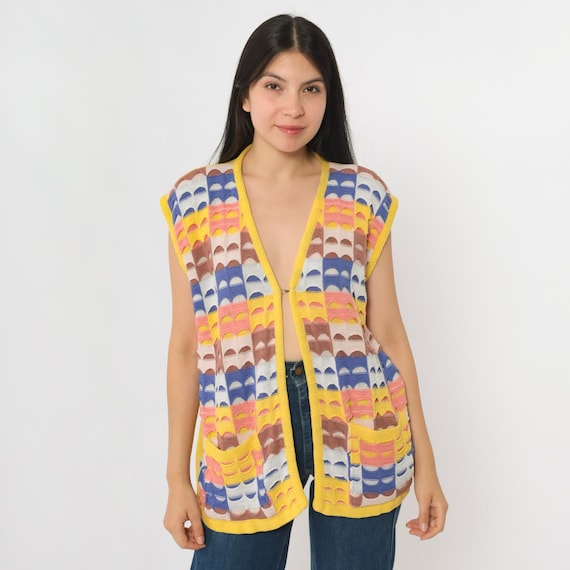 Vintage Patchwork Knit Vest 70s Yellow Rainbow Sleeveless Open Front Sweater Top 1970s Multicolor Textured Pockets Boho Large L