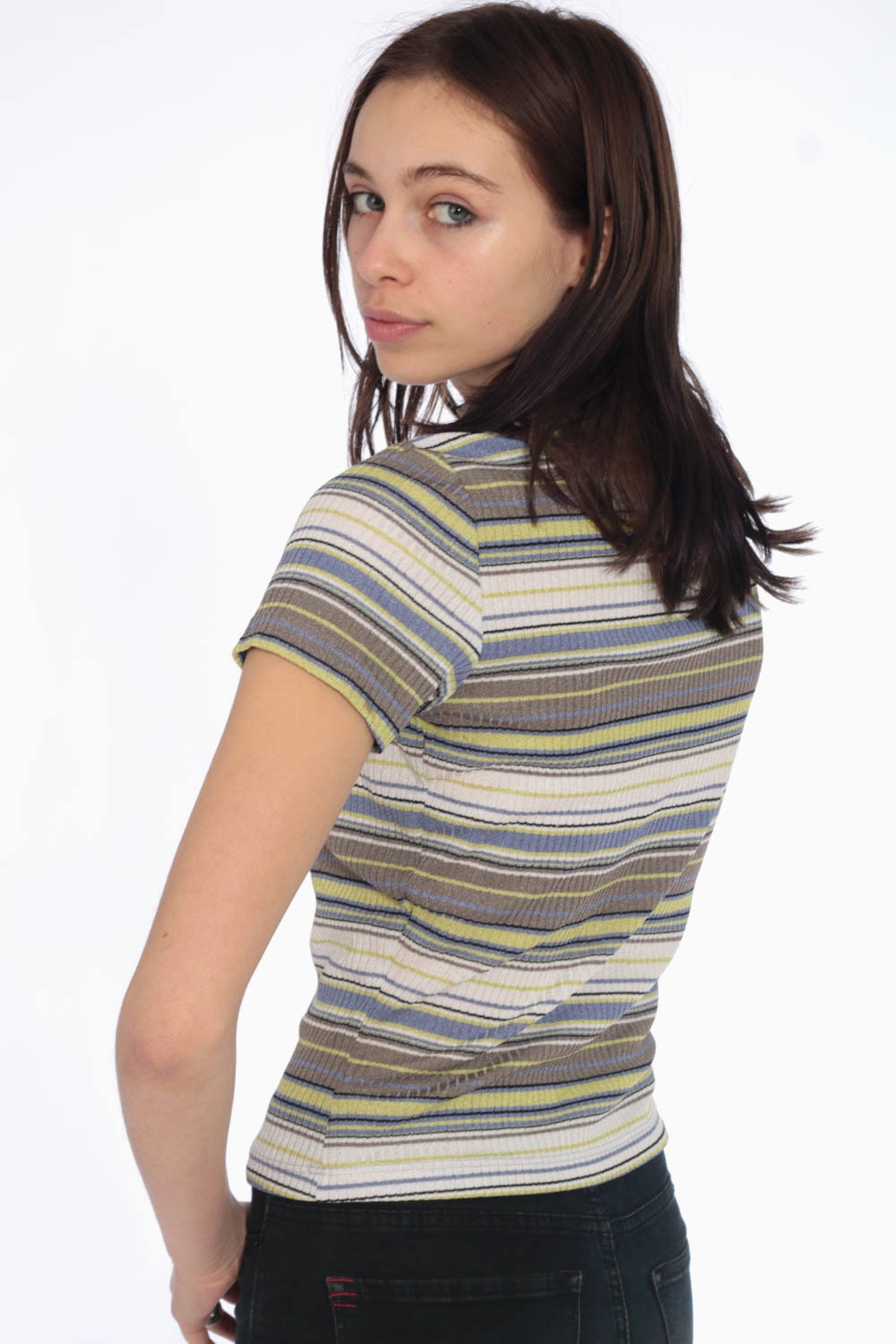 Download 90s Ribbed Striped Blouse -- 1990s Striped T Shirt 90s T Shirt Mock Neck Grunge Short Sleeve ...