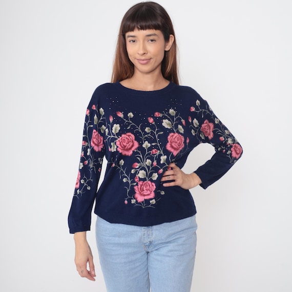 Rose Print Sweater Vintage 90s Navy Blue Floral Pink Knit Pullover Beaded Detail Long Sleeve Cottagecore Garden Style Grandmacore Large L