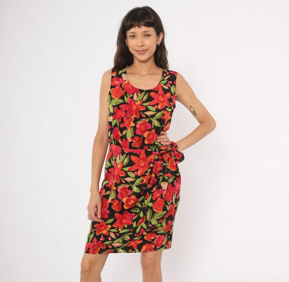 90s Floral Wrap Dress Black Red Tropical Knee Length Side Tie Waist Summer Beach Sundress Garden Party Flower Botanical Green Medium M