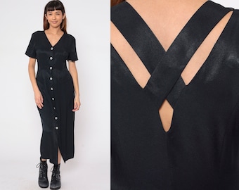 Shiny Black Dress 90s Ankle Length Maxi Dress Criss Cross Cutout Back Button up Short Sleeve Simple Basic Plain Chic Vintage 1990s Medium M