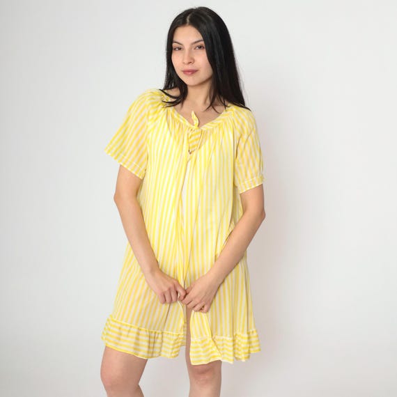 Vintage 70s Striped Pajama Robe Yellow White Lingerie Jacket Sheer Mini Nylon Open Front Jacket 1970s Short Sleeve Large L